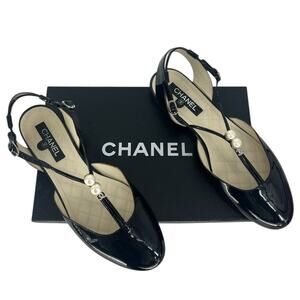 Chanel 2013 Black Patent Leather CC Pearl Slingback Flats